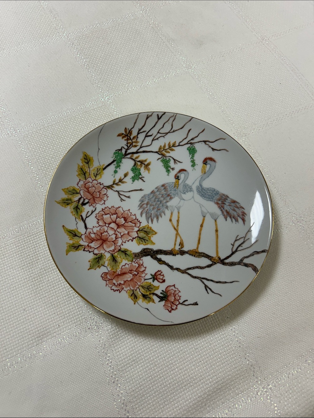 Vintage Diamante Porcelain Crane & Floral Accent Plate - White with Pink Flower